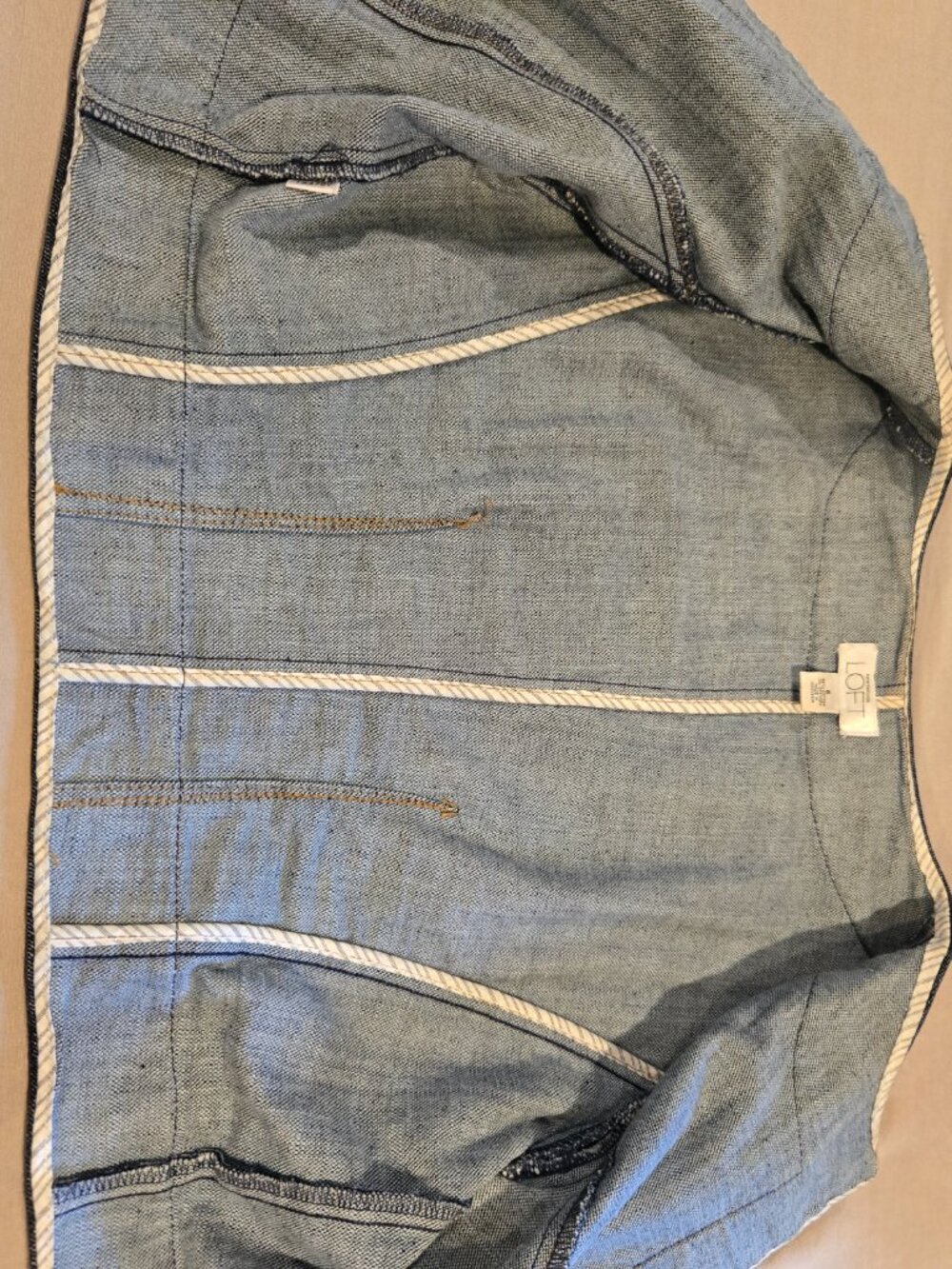 LOFT Cropped Collarless Denim Jacket Blue Jean Blazer Open Front Size 6 - Picture 15 of 15